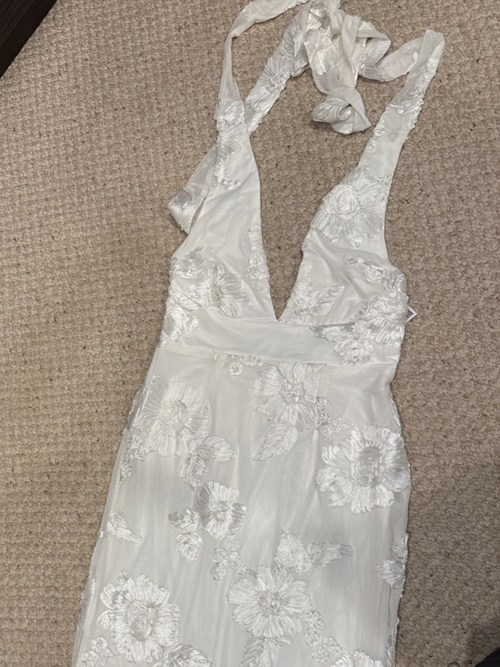 Saints and Secrets,Bright White Floral Appliqué Halter Maxi Dress, Size L
